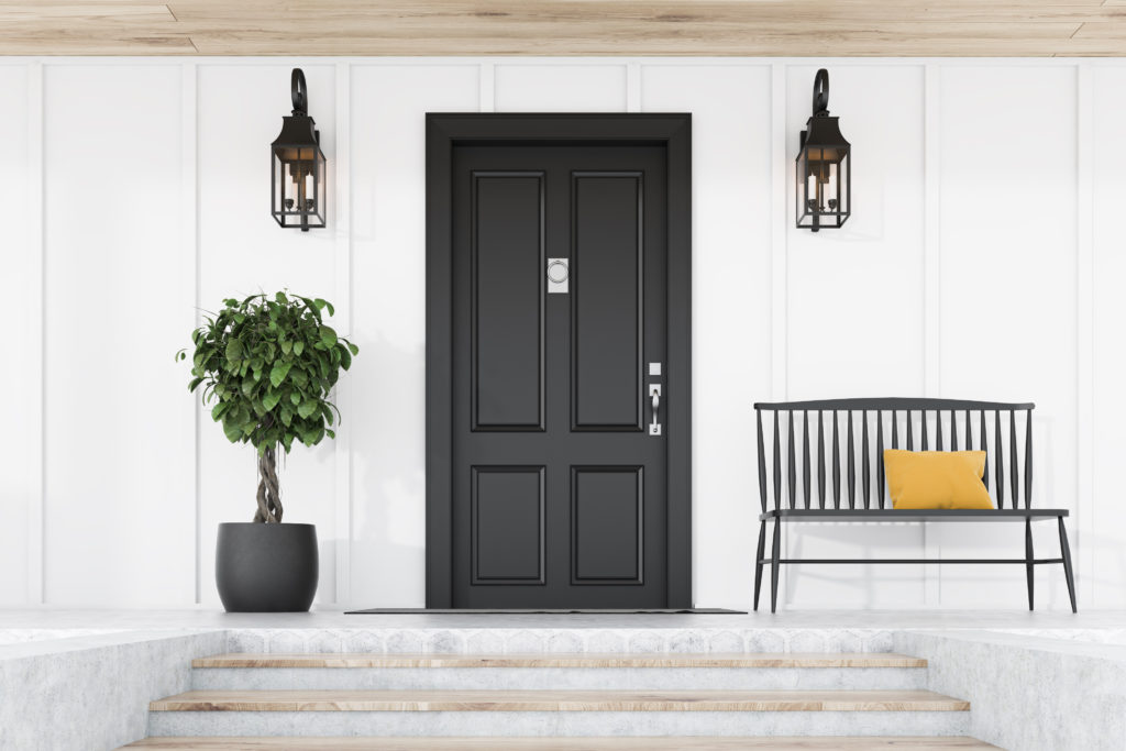 Stylish black front door of modern house